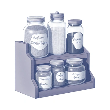 A wooden spice rack displaying a variety of jars. Each jar is filled with different spices, showcasing unique textures and forms. The jars are labeled with whimsical, handwritten labels that create a playful atmosphere. The labels include a mix of fonts and sizes, adding to the eclectic feel. The arrangement of jars allows for easy visibility, with some jars taller than others. The background features a simple kitchen countertop, enhancing the focus on the spice collection.