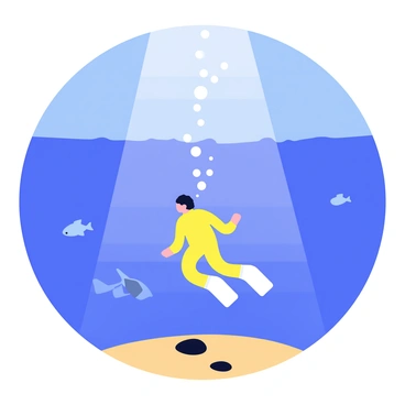 A view from below the surface of the water, capturing a diver descending into the ocean. The diver is wearing a bright yellow wetsuit, and their bubbles rise upwards as they enter the cool blue water. Rays of sunlight filter down from the surface, creating a shimmering effect above. Surrounding the diver, small fish swim gracefully, adding life to the underwater scene. The ocean floor is visible in the distance, with sand and a few scattered rocks.
