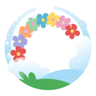 A vibrant arch of various colored flowers is suspended in the sky, forming a rainbow shape. The flowers include shades of red, orange, yellow, green, blue, and purple, each contributing to the spectrum. The background showcases a soft blue sky with fluffy white clouds, enhancing the colorful arrangement of flowers. Below the flower arch, a lush green landscape is visible, providing a striking contrast to the vivid colors of the flowers above.