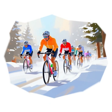 A group of cyclists racing through a snowy landscape, all bundled up against the cold. The cyclists wear colorful winter jackets, insulated gloves, and warm hats, their breath visible in the frigid air. The snow blankets the ground, forming a glistening white carpet, and snowflakes drift softly from the overcast sky. Pine trees, heavy with snow, line the path along which the cyclists speed. Some of the cyclists lean low over their handlebars, while others maintain an upright position, showcasing a mix of determination and focus as they navigate the wintry terrain.