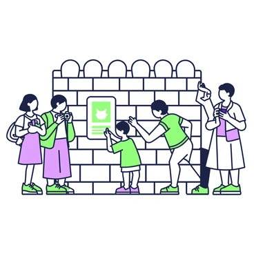 A group of tourists is gathered around a historic stone wall. They are engaged in taking pictures with their cameras and smartphones. One tourist is leaning against the wall while looking intently at an informational plaque, reading about the wall's significance. Another tourist is standing slightly to the side, capturing photos of the detailed stonework. Nearby, a child is holding a small guidebook, pointing at the wall with excitement. The scene conveys a sense of discovery and appreciation for history.