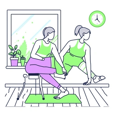 An elderly person is performing pilates exercises using a chair in a sunny living room. The individual has gray hair tied back and is wearing comfortable athletic clothing. They are positioned on the chair, demonstrating a specific exercise that engages their core muscles. Sunlight streams through large windows, casting soft shadows on the wooden floor. In the background, potted plants are placed by the windowsill, and a colorful rug can be seen underfoot. A wall clock is visible, showing a time of late morning.