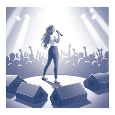 A female singer stands on stage, holding a microphone while passionately performing. She has long hair that flows elegantly down her back. The stage is filled with large speakers and instruments. The audience, a crowd of diverse individuals, is visibly captivated, some with hands raised in excitement. There are multiple spotlight beams and stage lights illuminating the singer and creating dynamic shapes in the air above the crowd. The atmosphere is filled with energy and enthusiasm as the audience engages with the performance.