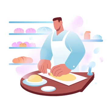 A baker is kneading dough on a wooden countertop, the dough is golden and slightly sticky. Flour dust is floating in the air, creating a soft haze around the baker. The baker is wearing a white apron over a long-sleeve shirt, and their hands are covered in flour as they work the dough. A rolling pin and a small bowl of flour are placed nearby on the countertop. In the background, there are shelves filled with various types of breads and pastries, showcasing a vibrant assortment of baked goods.