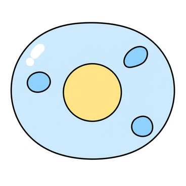 A cartoon-like illustration of a single cell undergoing division. The cell is round and slightly translucent, displaying a soft blue hue. The cell's nucleus is prominently visible, appearing as a smaller circle in the center with a bright yellow color. The process of division shows the cell elongating at the center, with two smaller identical cells beginning to form on either side. Each new cell is depicted with a similar blue color and visible nuclei, illustrating the transition. The background is a simple, light color to keep the focus on the dividing cells.