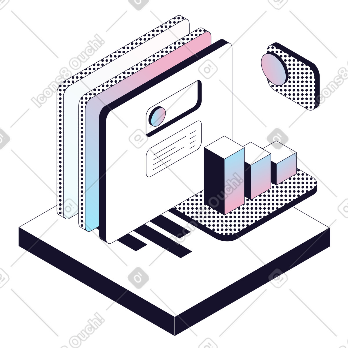Dashboard di analisi con grafico a barre, visualizzazione dei dati aziendali e approfondimenti illustrazione in stile Node scarica in PNG, SVG