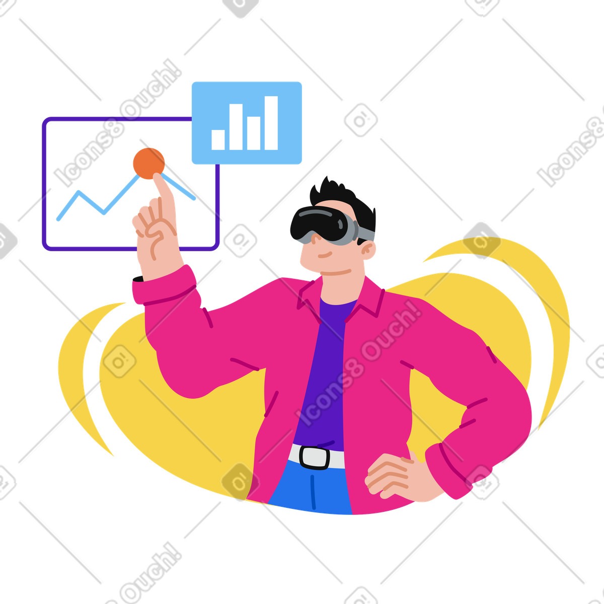 Illustration animée Homme interagissant avec des graphiques dans lunettes vr le style Active à télécharger aux formats GIF, Lottie (JSON), AE