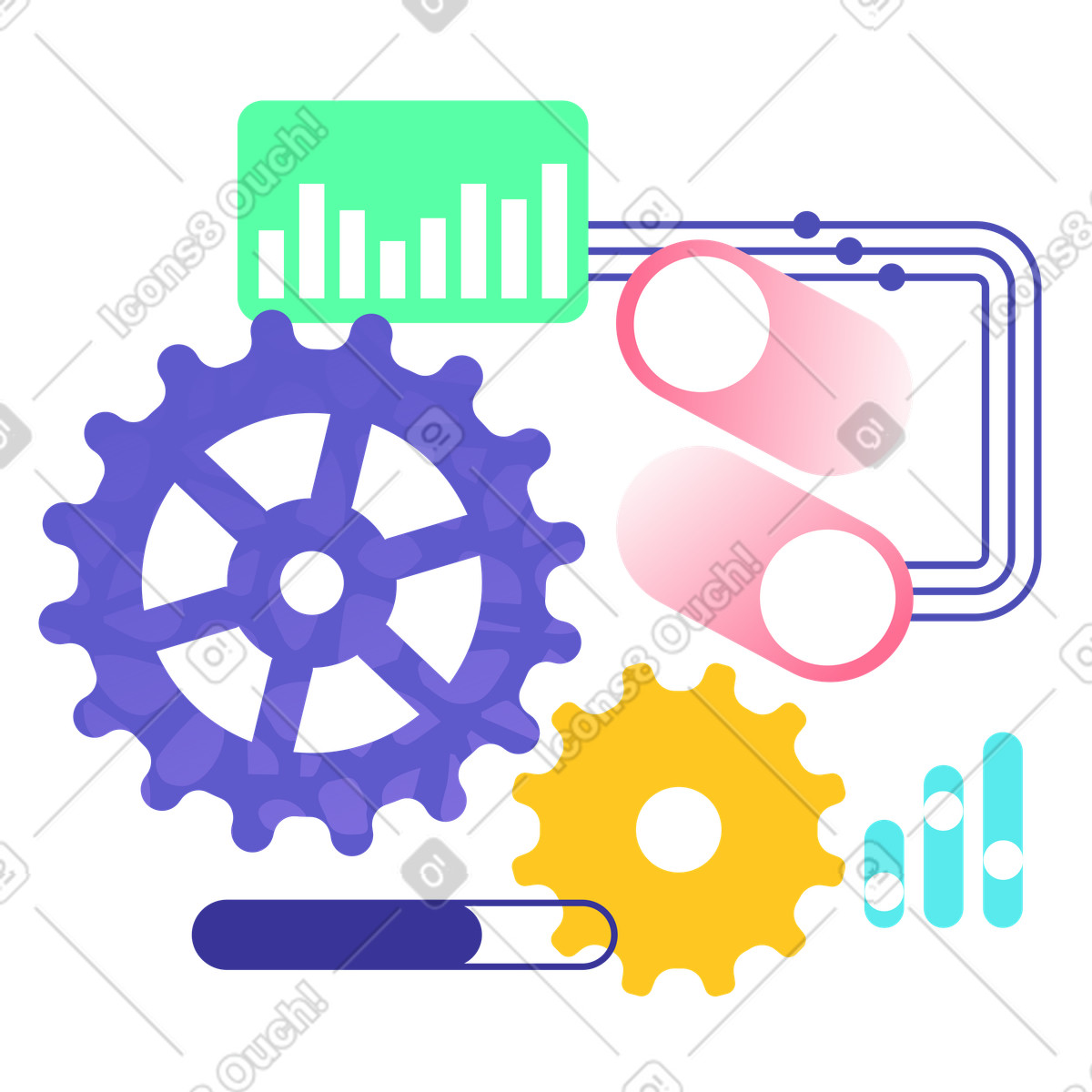 Gears and toggle switches with analytics bars, Account control and customization illustration in Bright style download in PNG, SVG
