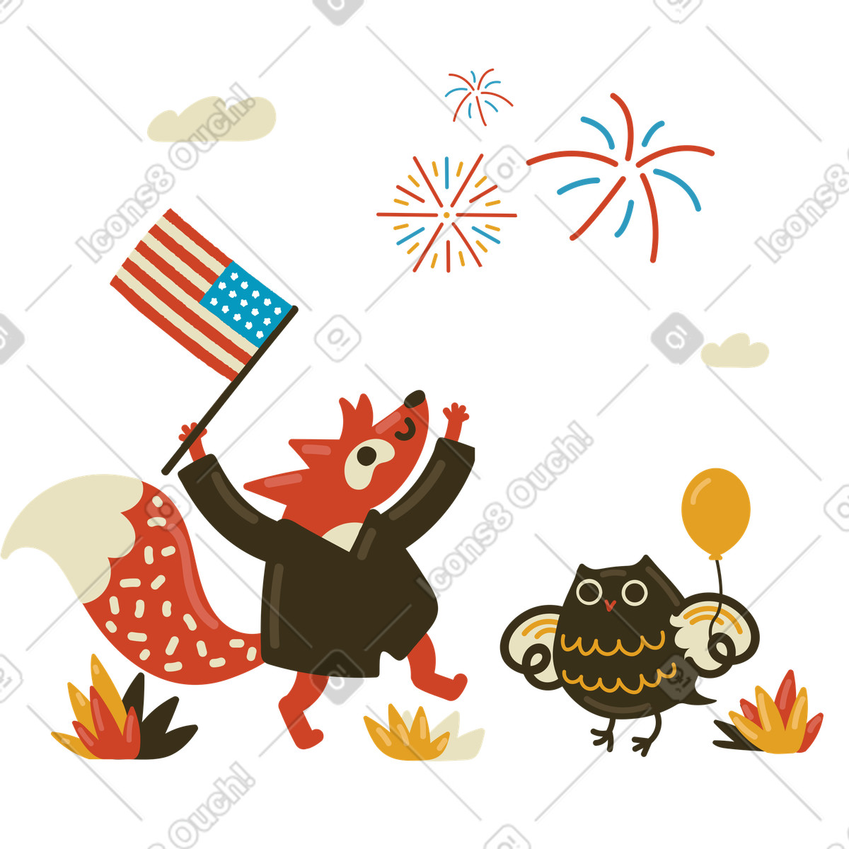 Fox and owl celebrating the 4th of july illustration in Arabica style download in PNG, SVG