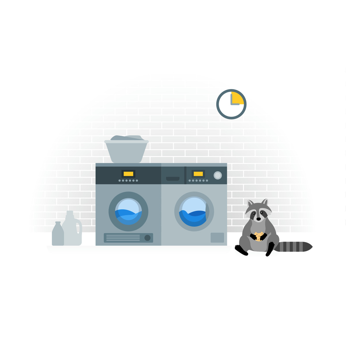 Raccoon waiting by washing machines, Come back later or break time illustrazione in stile Fogg scarica in PNG, SVG