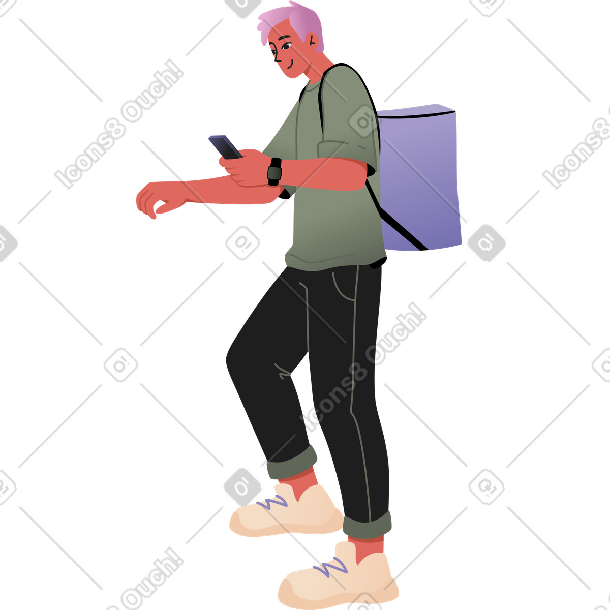 Young man with delivery bag and phone illustration in Coworking style download in PNG, SVG
