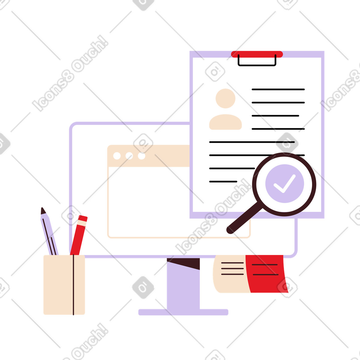 Computer screen and clipboard with hr recruitiment workflow illustration in Folks style download in PNG, SVG