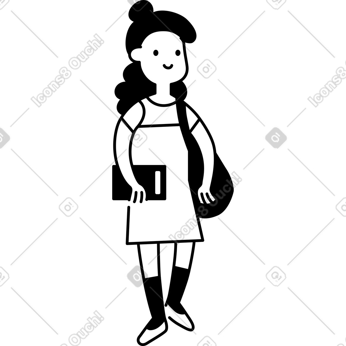 Character holding tablet wearing dress and shoes standing upright-Illustration im Notion Line Art-Stil als Download in PNG, SVG