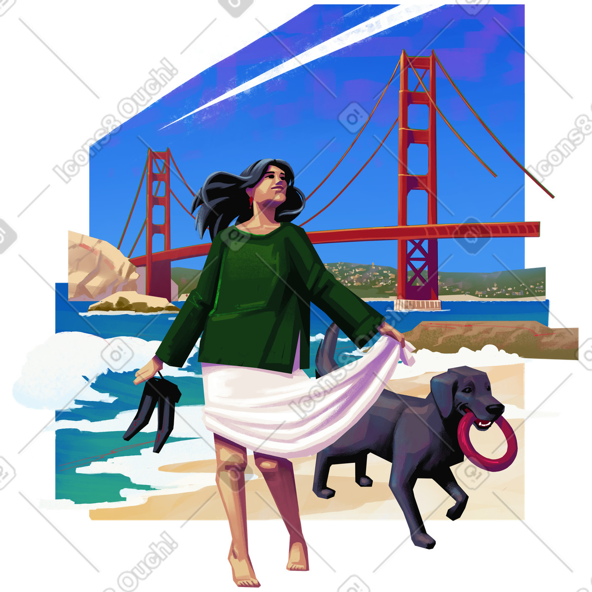 下载 Lush 风格的 Woman with a dog on beach walk 插画，支持 PNG、SVG 格式