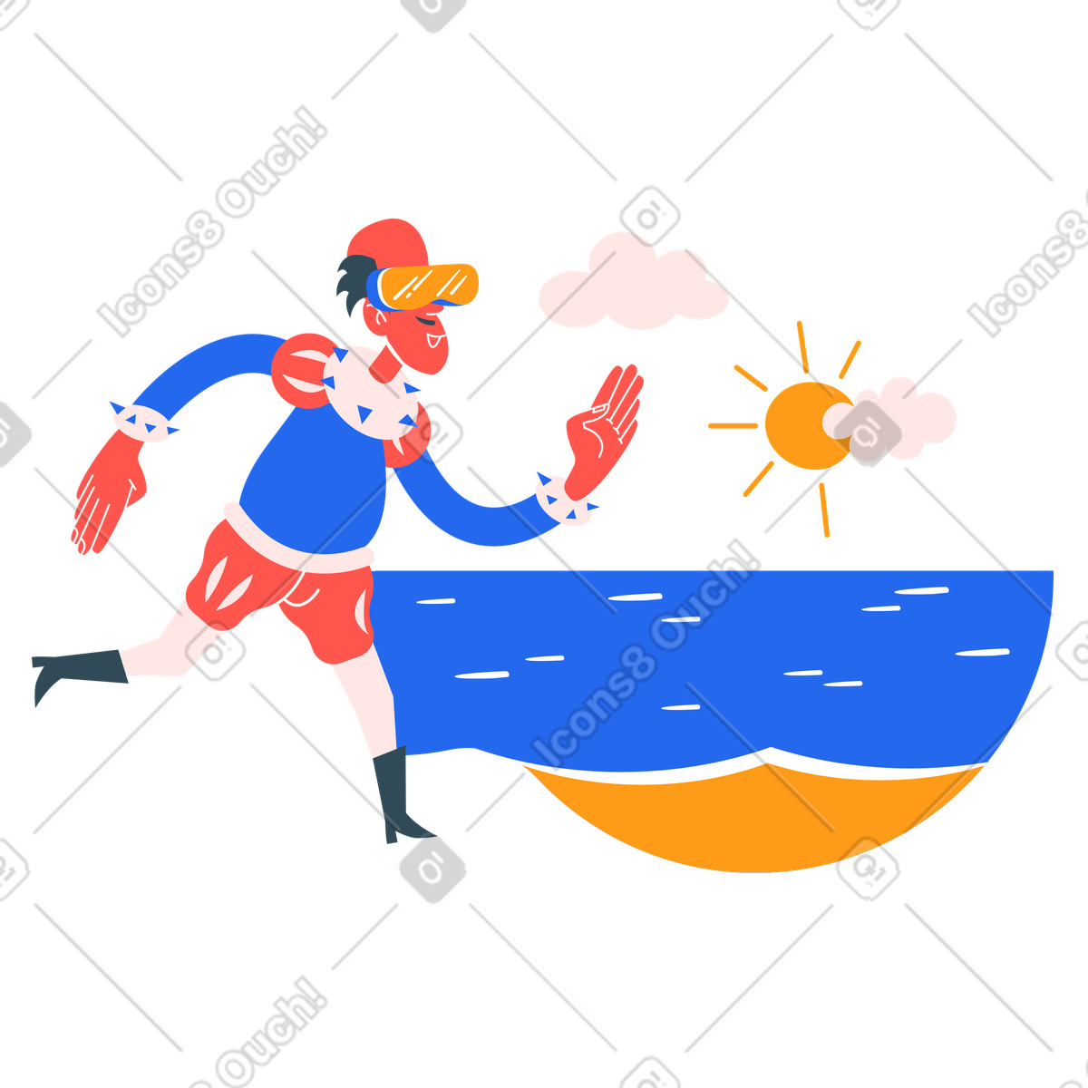 Mann in vr reist zu strand und meer-Illustration im Kingdom-Stil als Download PNG, SVG
