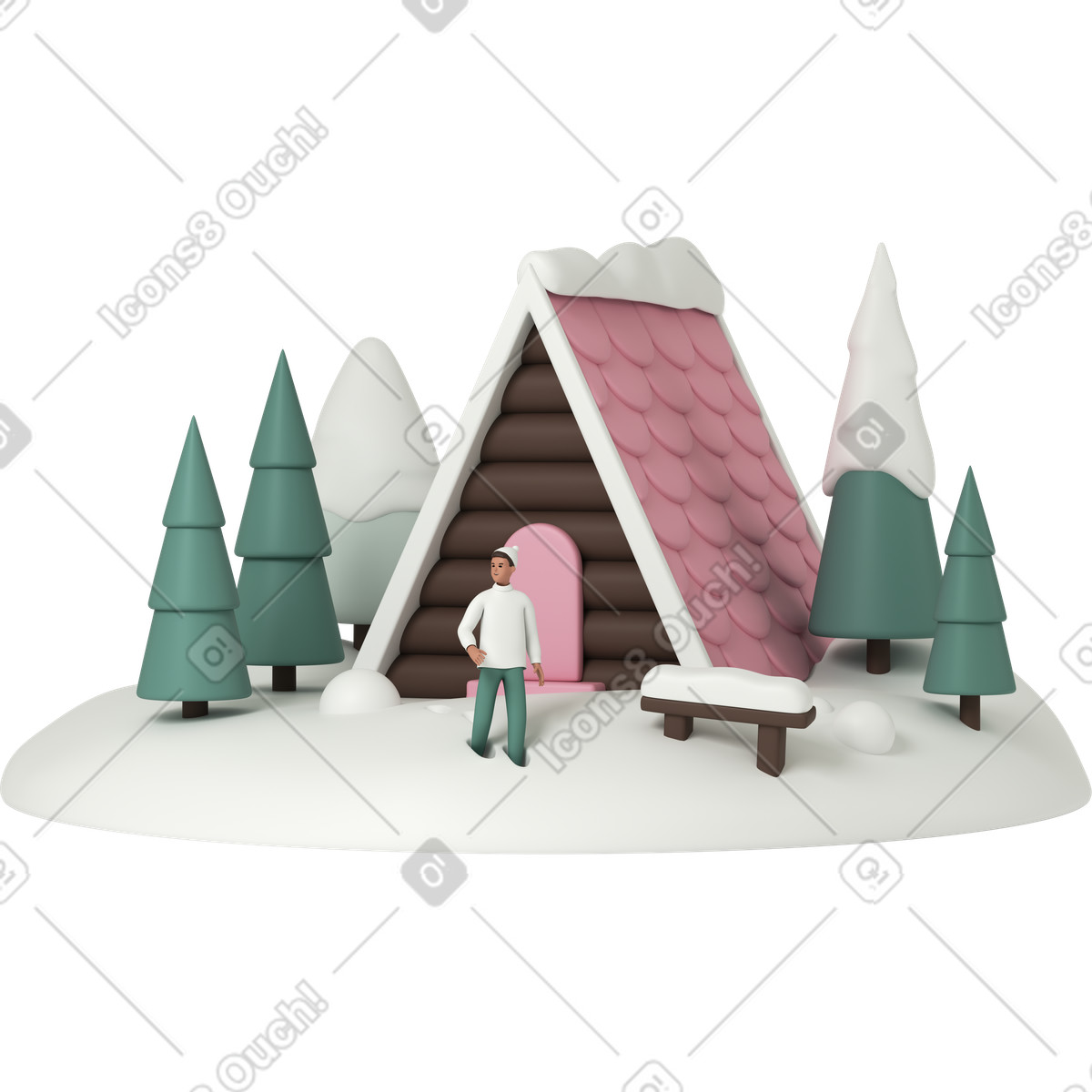 3D Casual life 스타일의 Man standing in front of tiny house 일러스트레이션 PNG, SVG 다운로드