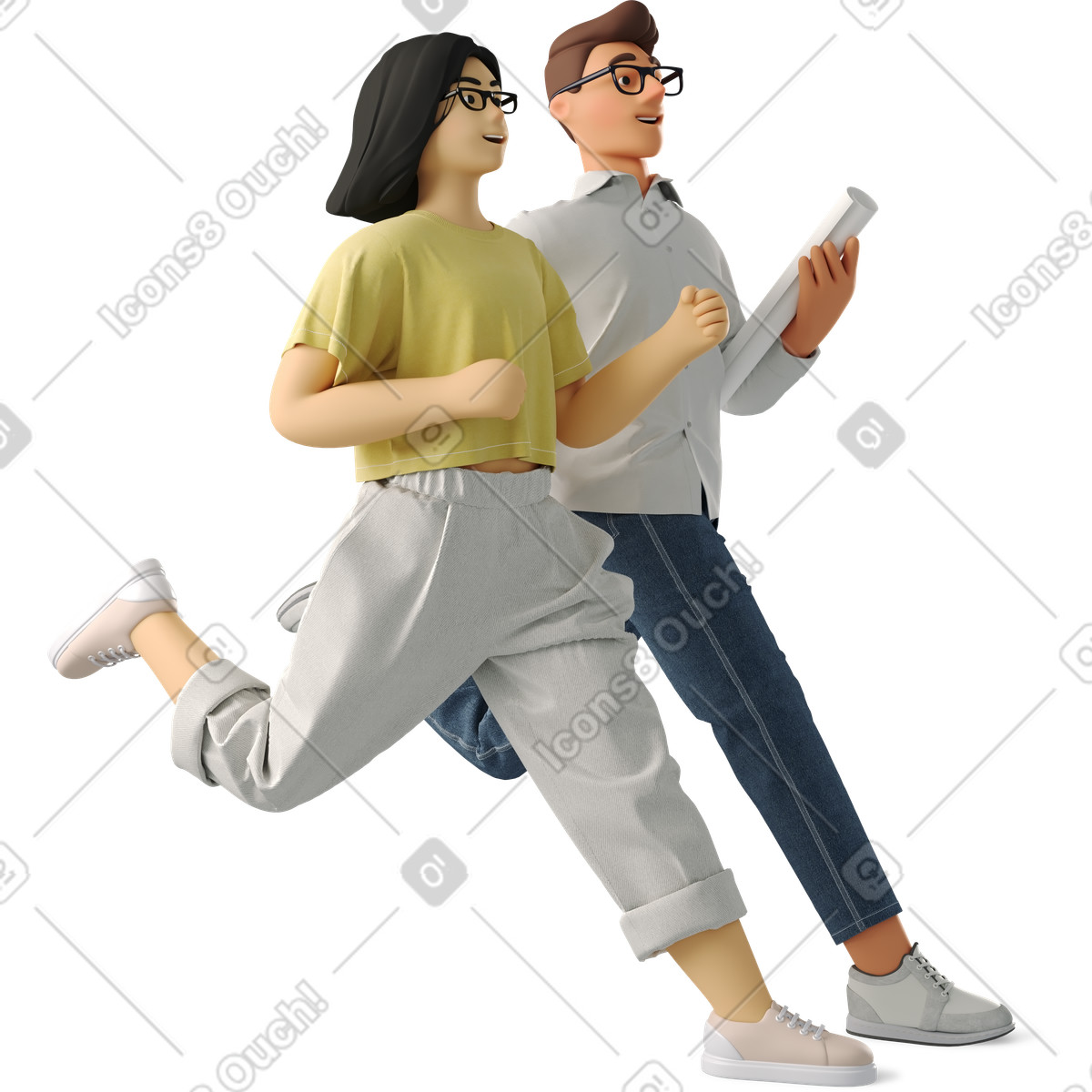 Two people running together, Teamwork and collaboration illustration in 3D Business style download in PNG, SVG