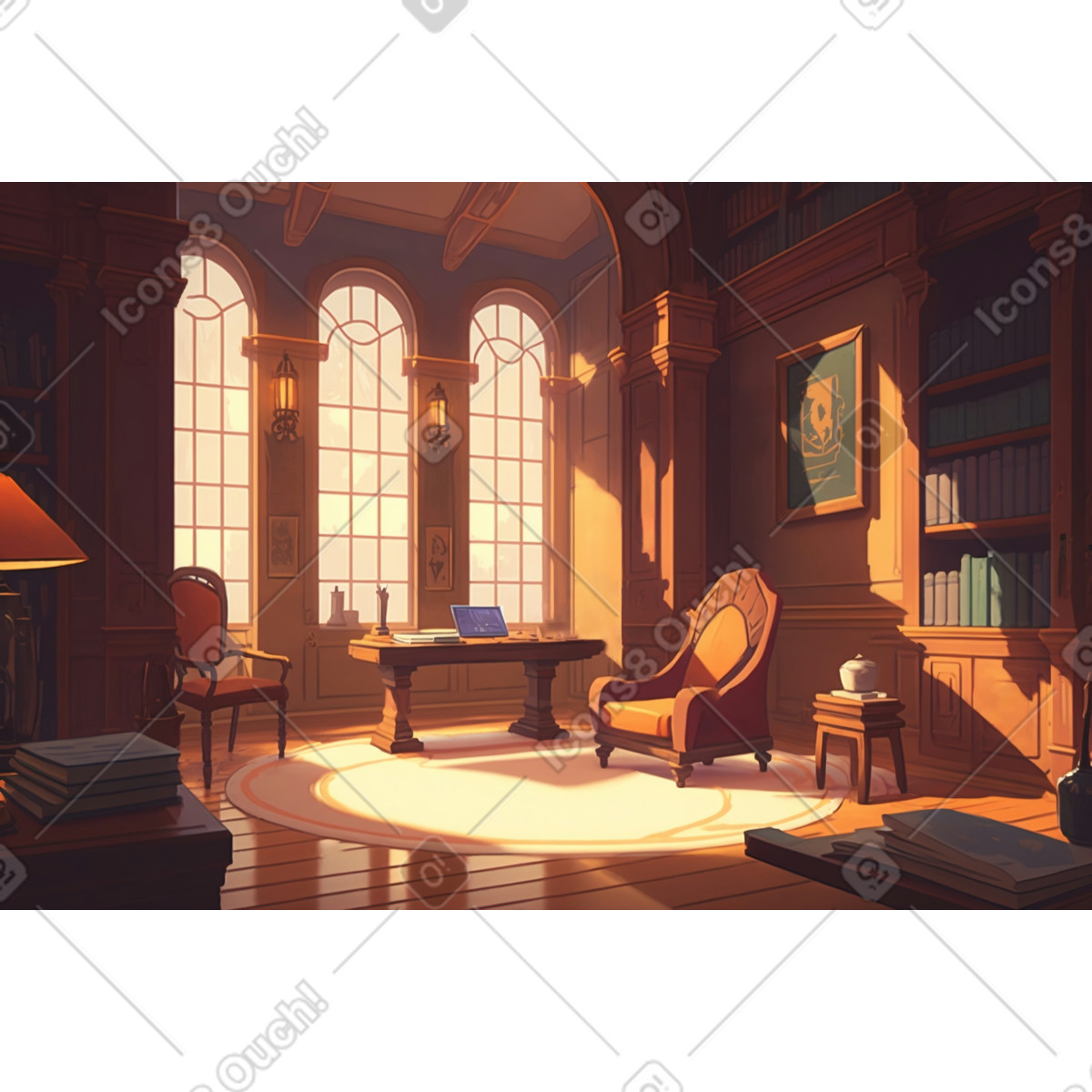 Ilustración Un lugar de trabajo con el fondo la biblioteca personal. en estilo Experimental a descargar en PNG y SVG
