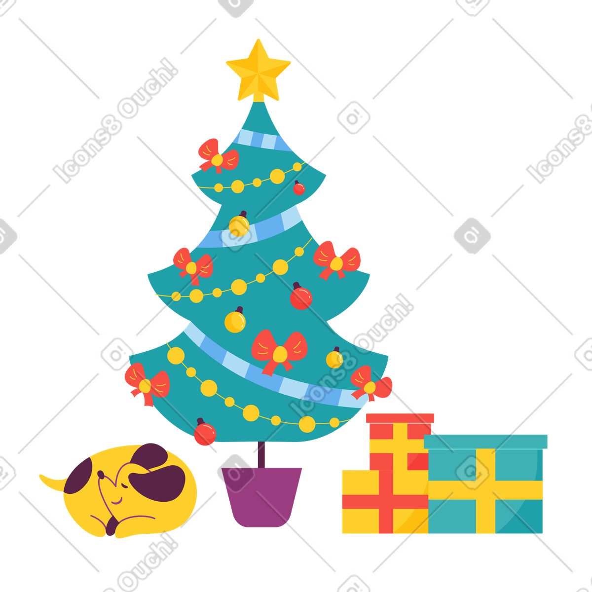 Christmas tree with gifts and sleeping dog, Holiday home decor illustrazione animata in stile Sammy scaricabile in GIF, Lottie (JSON), AE