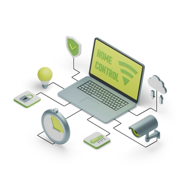 A laptop with home control icons around it - 3D Isometric style illustration