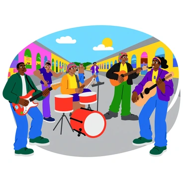 A group of musicians of different ethnic backgrounds is playing instruments together in a vibrant street setting. One musician is playing an electric guitar with colorful stickers on it. Another musician is playing a bright red drum set, while a third musician is strumming a traditional acoustic guitar. A saxophonist is adding rich melodies, wearing a colorful head scarf. The street is lined with lively murals and people are gathered around, enjoying the music and dancing. The sun is shining brightly, casting cheerful shadows on the ground.