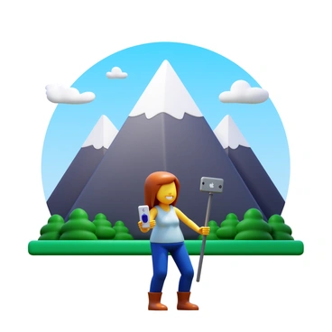 A person holding a selfie stick, capturing a moment with a smartphone. The individual is standing in front of a majestic mountain backdrop with snow-capped peaks. The sky is clear with a few fluffy white clouds. The person is smiling, wearing casual outdoor clothing, and the sunlight casts soft shadows. The scenery includes lush green trees at the base of the mountains, enhancing the picturesque view.