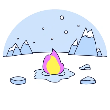A small flame burning brightly in the center of a frozen wasteland. The flame is surrounded by a circle of melted ice, contrasting with the surrounding icy landscape. The ground is covered in a thick layer of snow, and snowflakes gently fall from a gray sky. In the distance, jagged ice formations rise sharply, forming a stark backdrop to the scene. The flame's warm glow illuminates a few nearby frost-covered rocks, enhancing the vividness of the moment.