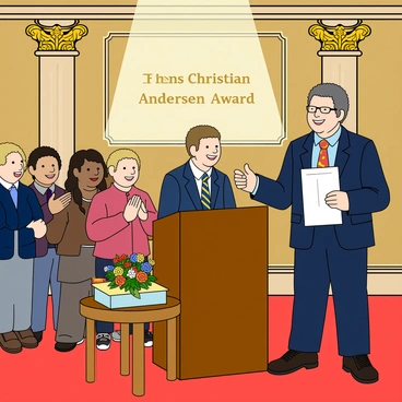 A distinguished author with short curly hair and glasses stands at a podium, holding the prestigious "Hans Christian Andersen Award." The backdrop features elegant decorations and a banner displaying the award's name. The author is wearing a formal navy blue suit with a light blue shirt and a colorful tie. In the audience, there are various people with different expressions, some clapping and others smiling. A spotlight shines down on the author, highlighting their joyful expression as they prepare to give a speech. A small table next to the podium holds a bouquet of colorful flowers.