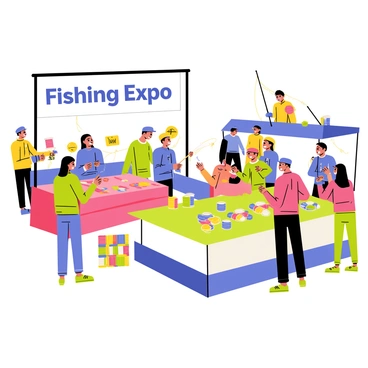A vibrant fishing expo with a large banner displaying the words "Fishing Expo" at the entrance. There is a bustling stall prominently set up, featuring a colorful tablecloth adorned with various fishing bait samples in small containers. Visitors are gathered around the stall, eagerly trying out different types of bait. There are spools of bright fishing line neatly arranged on the table, showcasing various colors and thicknesses. In the background, there are other stalls with fishing gear and equipment, and the atmosphere is lively with people interacting and enjoying the event.