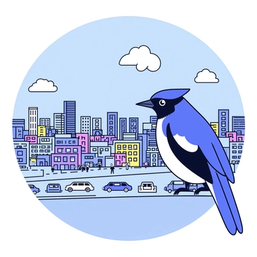 A blue jay with vibrant blue, white, and black feathers is perched on the edge of a rooftop. The bird has a sharp beak and keen eyes, gazing out over a sprawling cityscape. Below, a variety of buildings rise against the sky, with windows reflecting sunlight. Cars and people can be seen moving about the streets, creating a sense of activity and liveliness in the urban environment. The sky above is clear with a few fluffy white clouds scattered around.