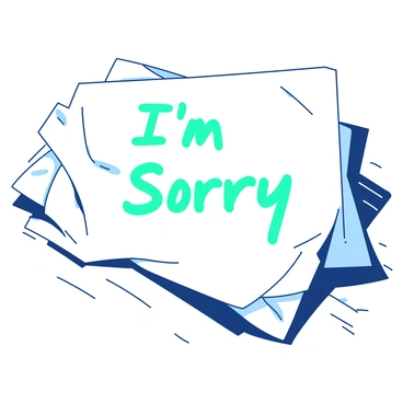 A crumpled white note is lying on a wooden surface. The note has uneven edges and visible folds, indicating it has been handled multiple times. In the center, the words "I'm Sorry" are written in large, bold letters using a teal ink that stands out against the white background of the note. The light catches the texture of the paper, accentuating the creases and giving the note a worn appearance.