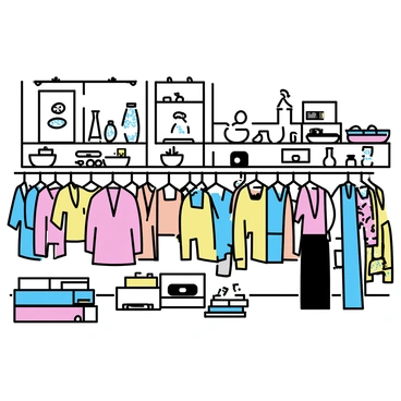 A thrift store filled with colorful vintage clothing hanging on racks. The clothing features a variety of patterns and styles, including floral prints, bold stripes, and retro designs. Shelves display unique home decor items such as ceramic vases, vintage lamps, and artistic wall hangings. The floor is cluttered with an assortment of eclectic items, including old records and quirky knick-knacks. Soft light filters through the windows, creating a warm atmosphere in the space.