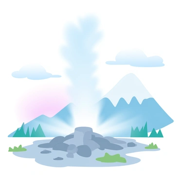 A powerful geyser is erupting with a tall plume of water shooting upwards. The geyser is surrounded by rocky terrain, with patches of green grass and sparse vegetation around its base. In the background, there are majestic mountains with a gradient of pastel colors blending in the sky above them. The scene captures the dynamic motion of the geyser with water spraying out in a wide arc, creating a mist that catches the light. The mountains rise sharply, their peaks dusted with light snow, contrasting with the colorful skies.