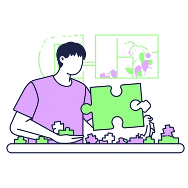A person is sitting at a wooden table, intently focused on assembling a large jigsaw puzzle. The table is cluttered with various pieces of the puzzle scattered around. The individual has short hair and is wearing a casual t-shirt. Several puzzle pieces are positioned in front of them, with a few pieces already connected. The background shows a cozy room with a window allowing soft light to pour in, casting gentle shadows across the table surface. The puzzle image is partially visible, revealing colorful elements.