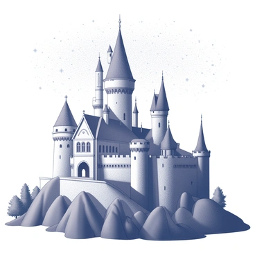 A large fairytale castle situated atop a hill. The castle has tall spires and numerous turrets, adorned with intricate architectural details. Its stone walls are textured and solid, and there are large arched windows that reflect the night sky. Surrounding the castle, there is a lush landscape with gently rolling hills and trees that can be seen in the foreground. Above, the sky is filled with an array of stars, creating a twinkling celestial backdrop for the scene.