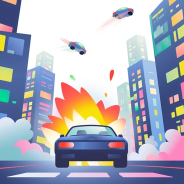 A car explosion in a futuristic cityscape with flying cars and neon lights
