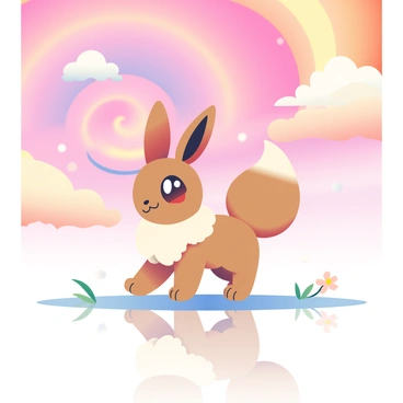 An Eevee with a fluffy, brown coat is standing on ground that mirrors the vibrant sky above. The sky features swirling shades of pink, orange, and purple, creating a dreamlike atmosphere. The reflection on the ground shows the same colors, creating a seamless blend between the terrain and the heavens. Fluffy clouds drift lazily in the sky, and the Eevee's large, expressive eyes are gazing curiously at the ethereal scenery. Delicate flowers with luminescent petals are scattered around, complementing the surreal environment.
