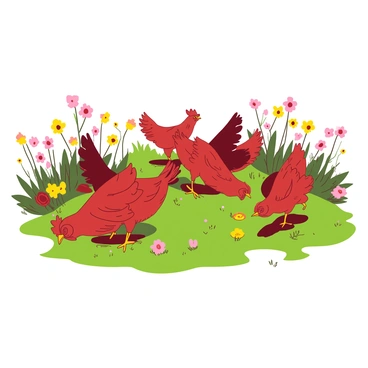 A group of red chickens is happily roaming in a vibrant green pasture filled with various wildflowers in shades of yellow and pink. The chickens are pecking at the ground and flapping their wings, enjoying the freedom of their environment. Scattered throughout the pasture, the wildflowers create a colorful backdrop, complementing the lively scene of the chickens. Some chickens are standing proudly, while others are playfully chasing each other amidst the flowers.