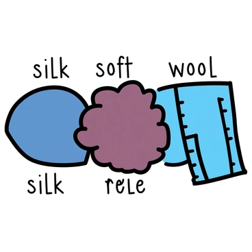 A single panel displaying a collection of fabric textures. The panel features a smooth, shiny "silk" section in a deep blue. Next to it, there is a soft, fuzzy "wool" area in a rich burgundy. Adjacent to the wool, a rugged "denim" swatch showcases a classic blue tone with visible stitching. Each fabric is clearly delineated, allowing for a contrasting display of textures.