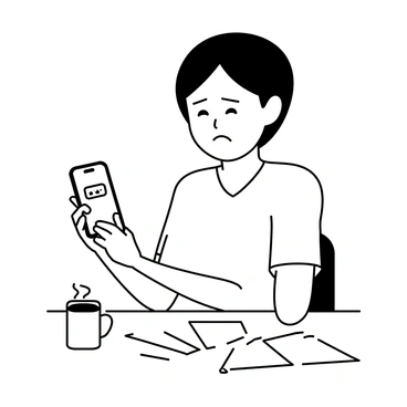 A person sitting at a small table with a frustrated expression. They have short hair and wear a casual t-shirt. In their hands, they are holding a smartphone, which displays a "frozen app screen" with visible loading icons. Their brows are furrowed, and their lips are pursed in annoyance. The background includes a coffee cup and some scattered papers on the table, adding to the scene's atmosphere of frustration.