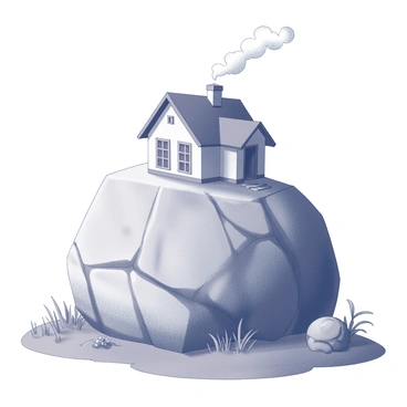 A large, sturdy rock with a rugged texture, showcasing its strength and permanence. Atop this rock sits a small house, designed with a gabled roof and neatly arranged windows. The house appears well-built, with smoke gently rising from the chimney, indicating warmth and life inside. Surrounding the rock are patches of grass and small plants, emphasizing the contrast between the natural element and the man-made structure. The overall composition conveys a sense of stability and shelter.