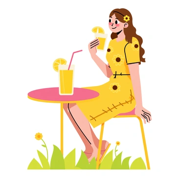 A girl wearing a bright yellow retro dress adorned with vibrant sunflower motifs is sitting at a small round table. She has long brown hair styled in soft waves, adorned with a sunflower hairpin. The table is set with a tall glass of lemonade, complete with a slice of lemon on the rim and a colorful straw. The background features a sunny outdoor scene with green grass and a few scattered daisies around the table. The girl is smiling lightly as she takes a sip of her drink, enjoying the warm weather.