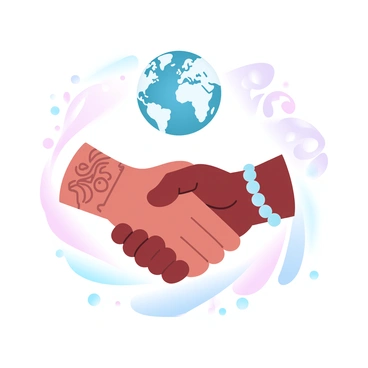 Two hands, one adorned with intricate henna designs and the other wearing a beaded bracelet, are shaking hands above a detailed globe. The globe displays various countries and oceans with clear boundaries and labels. Around the hands and globe, there are colorful patterns representing different cultural motifs, symbolizing unity and diversity. The background features a soft gradient of pastel colors, enhancing the overall warm and inclusive atmosphere of the scene.