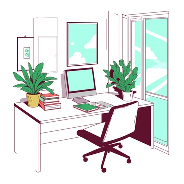 A white desk is positioned in a bright corner of a cozy home office, adorned with various green plants in ceramic pots. On the desk, there is a sleek silver computer with a visible keyboard and screen. Next to the computer, a stack of colorful books is neatly arranged, with a small teal notebook on top. A comfortable chair with soft cushions sits in front of the desk, inviting one to sit and work. The walls are adorned with framed prints and a large window lets in natural light, enhancing the warm atmosphere of the space.
