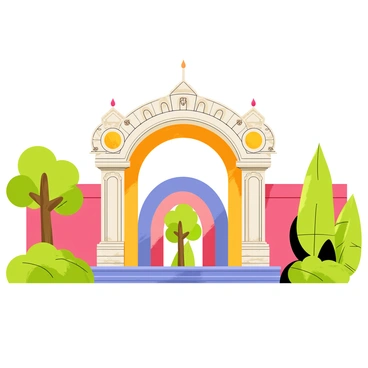 The entrance of the "Udupi Sri Krishna Temple" features a large archway adorned with "intricate carvings" depicting various religious symbols. The structure is framed by "ornate pillars" that are embellished with detailed sculptures. Above the entrance, there is a "beautifully designed canopy" that adds to the grandeur of the facade. The setting is filled with "lush greenery" surrounding the temple, creating a peaceful atmosphere. The temple's walls are painted in vibrant colors, enhancing the visual appeal of the entrance.