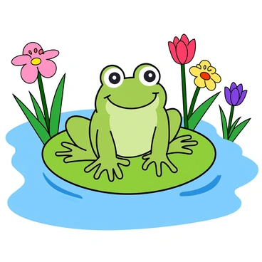 A cheerful green frog with large, round eyes is sitting on a bright green lily pad. The lily pad is floating on a clear blue pond, which reflects the sunlight. Surrounding the pond are colorful blooming flowers in various shades, including pink, yellow, and purple. The flowers are tall and vibrant, creating a lively environment around the peaceful water. The frog has a wide smile and its legs are slightly hanging off the sides of the lily pad. The scene is filled with a sense of joy and vibrancy, showcasing the beauty of nature.