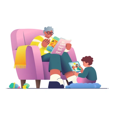 A grandparent with gray hair and glasses is sitting in a comfortable armchair, holding a large, colorful fairy tale book. The grandparent is wearing a warm, striped sweater and has a gentle smile on their face as they read aloud. Next to the grandparent, a child with curly hair is seated on a plush rug, intently watching a vibrant animated story on a tablet. The tablet screen is glowing with bright colors, depicting characters from the animated story. Surrounding them are scattered soft toys and a cozy blanket draped over the armchair, creating a warm reading nook atmosphere.