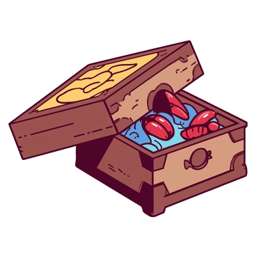 A vintage wooden box with intricate carvings is open, revealing a collection of beetles inside. The box is filled with a variety of colorful beetles, showcasing shades of red and blue, each with distinct patterns and textures on their exoskeletons. The beetles are arranged with some standing upright and others lying on their backs, providing a diverse view of their shapes and colors. The wood of the box has a warm, rich tone that contrasts with the vibrant colors of the beetles, adding to the overall visual appeal.