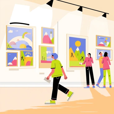 A cartoon character with bright blue hair and a green shirt is walking through a museum. The character is looking up with curiosity at a large wall filled with colorful illustrated art pieces. Various shapes and sizes of framed artworks hang on the walls, showcasing vibrant scenes and whimsical designs. The museum has a shiny wooden floor, and a few museum visitors can be seen in the background admiring the art. A spotlight is shining on a particularly large painting that depicts a fantastical landscape with mountains and a rainbow. The character is holding a small sketchbook, ready to take notes on the art they see.