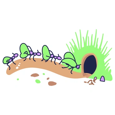 A line of leaf-cutter ants is marching along a dirt path. Each ant is carrying a piece of green leaf, securely held between its mandibles. The trail is visible, marked by the tiny feet of the ants as they make their way to the entrance of their underground nest. The nest is partially obscured by soil and grass, with the entrance shaped like a small hole in the ground. Nearby, some small pebbles and blades of grass are scattered along the trail. The scene captures the organized effort of the ants as they work together, moving in a steady rhythm towards their home.